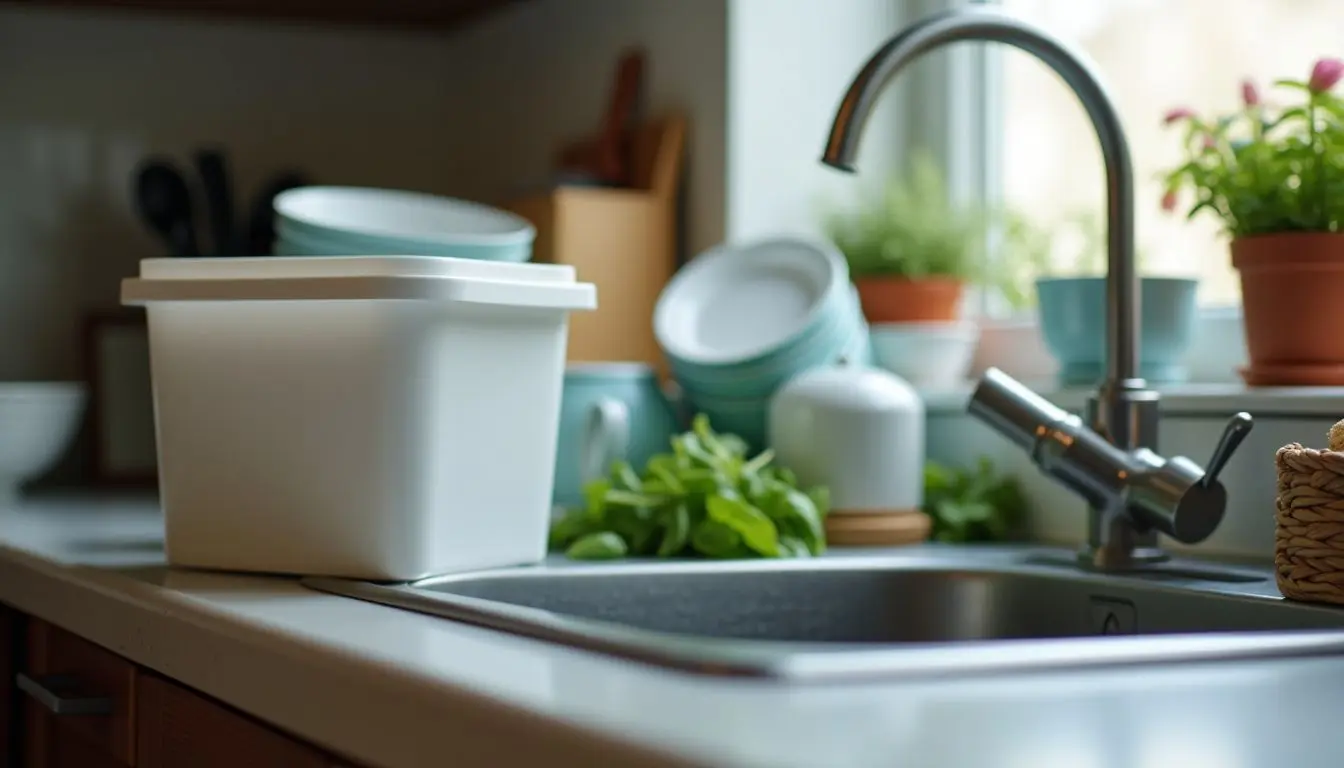 A small white countertop compost bin next to a busy kitchen sink.