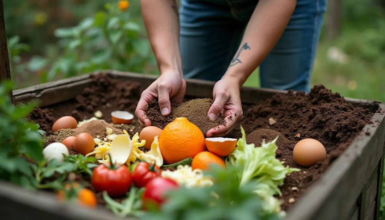 A person composting kitchen scraps in their backyard garden.