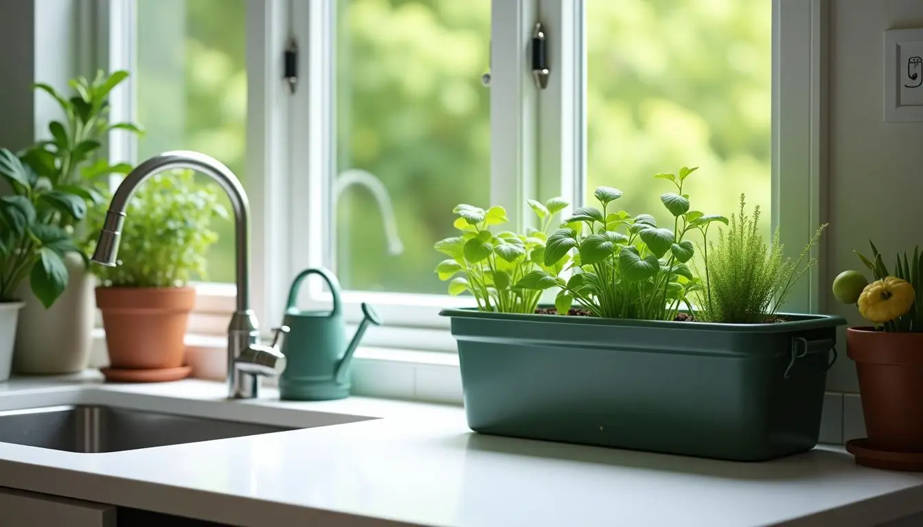 A compost bin and potted herbs adorn a clean kitchen countertop.