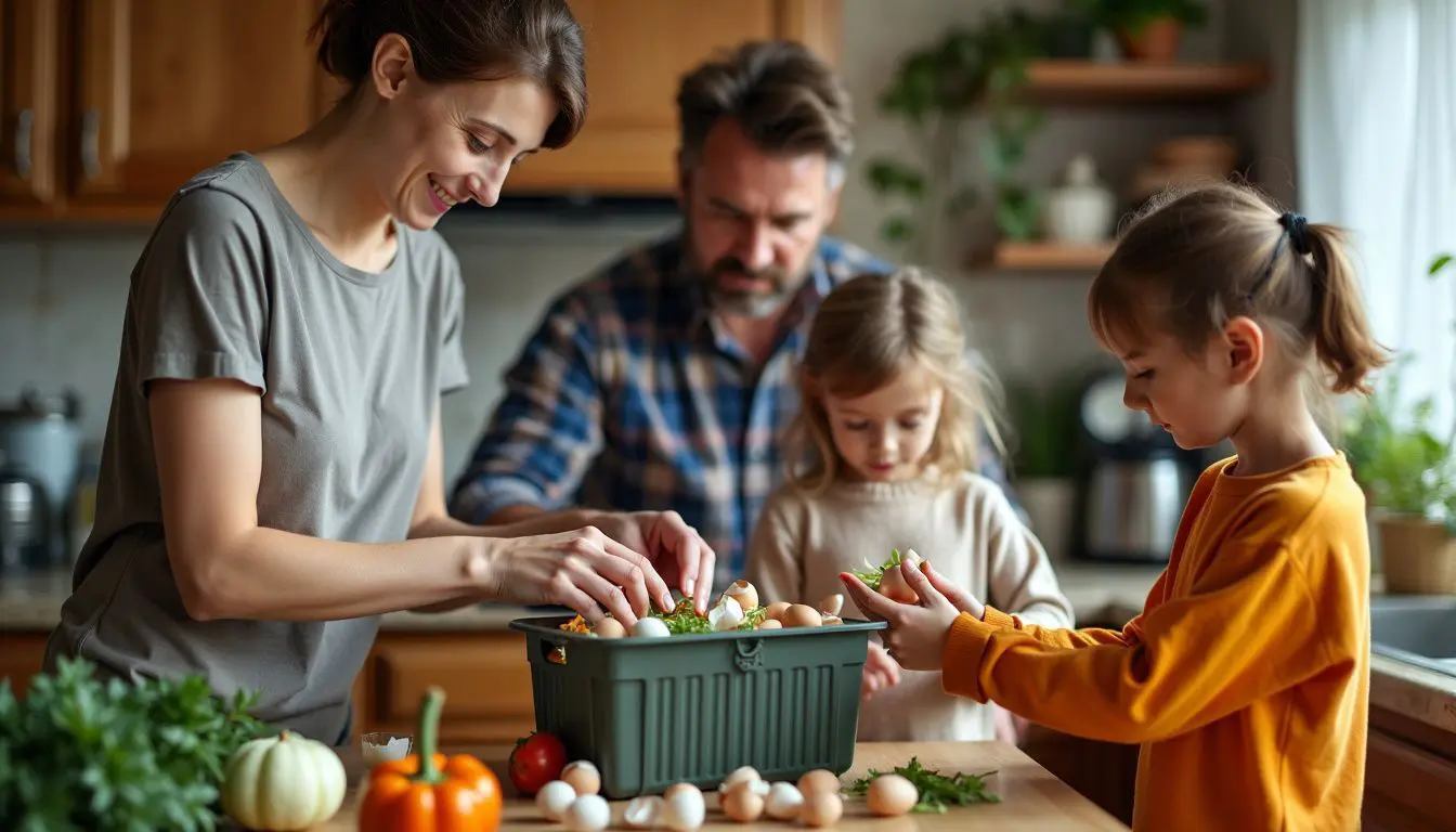 A family composting vegetable scraps together in their kitchen.
