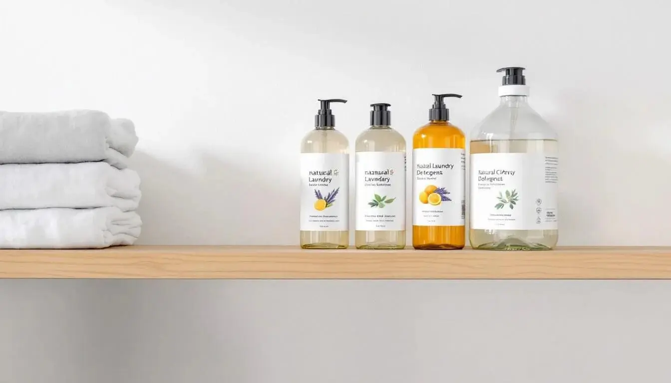 An assortment of natural laundry detergents displayed on a laundry room shelf.