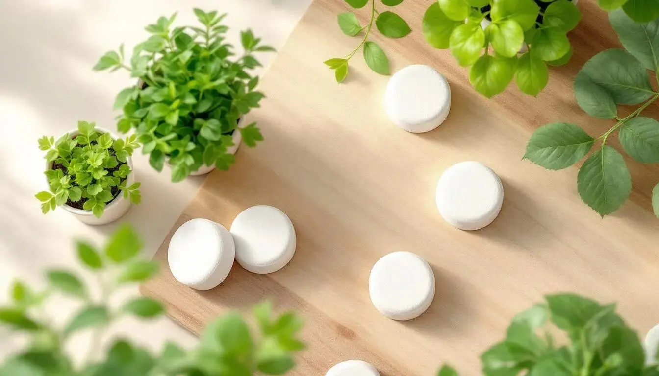 Eco-friendly laundry tablets on a wooden surface surrounded by green plants.