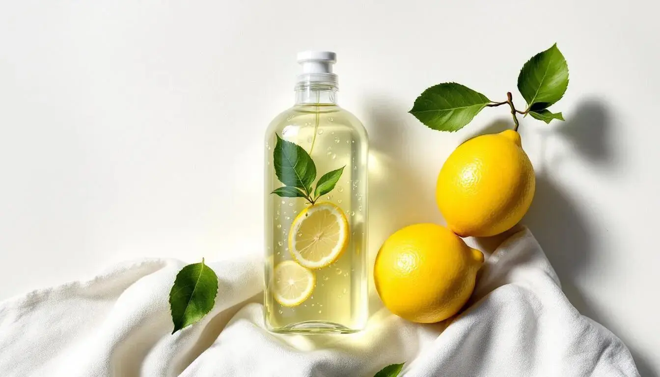 A bottle of liquid laundry detergent with essential oils next to fresh lemons.