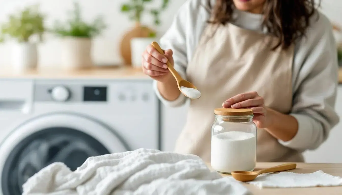 A person measuring laundry detergent with a spoon near a washing machine.