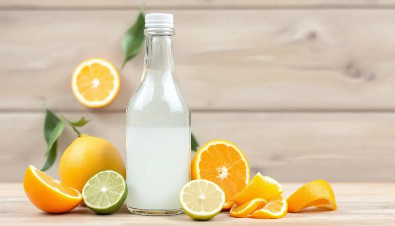 A collection of vibrant citrus peels, including lemon, orange, grapefruit, and lime, is artfully arranged next to a glass jar and a spray bottle filled with distilled white vinegar, suggesting a DIY citrus-infused cleaner. The scene evokes the fresh, zesty smell of citrus oils, perfect for creating natural cleaners for bathroom surfaces.