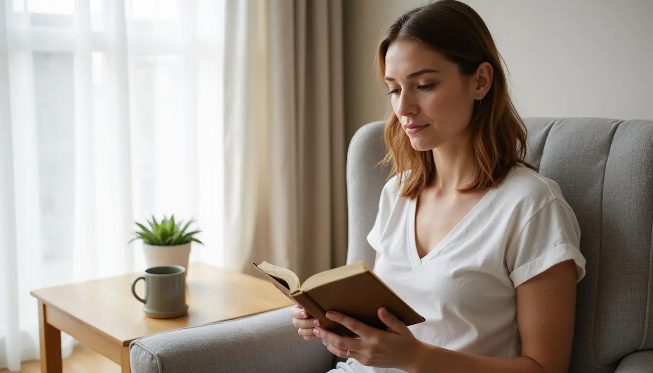 A woman reads a paperback book in a cozy armchair.