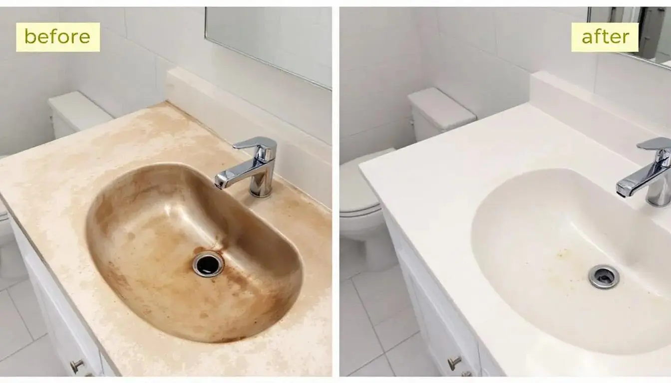 In this image, a bathroom surface is shown in two stages: before and after being cleaned with a citrus infused vinegar spray. The after section highlights the shine and cleanliness achieved using the natural cleaner made from citrus peels and distilled white vinegar, emphasizing the effectiveness of DIY citrus cleaners.