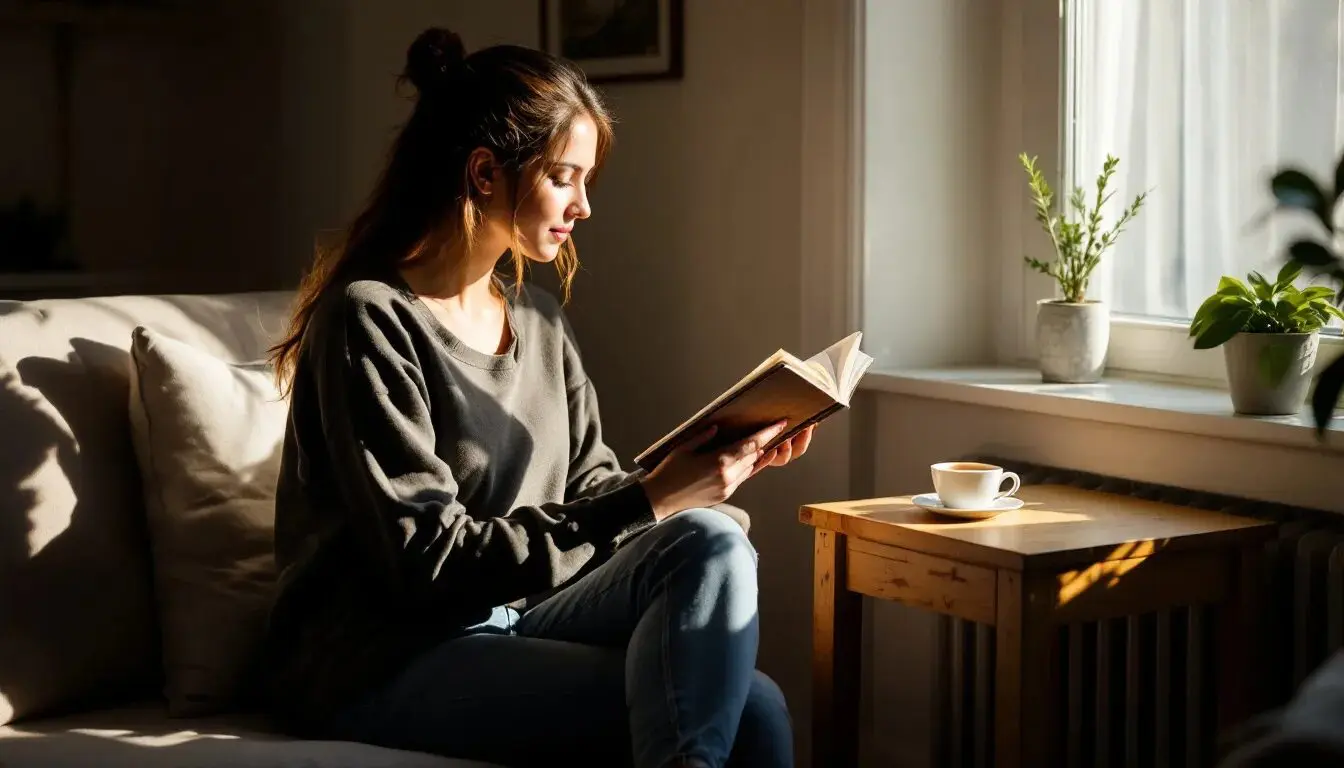 A person is comfortably seated in a sunlit corner of a cozy minimalist living room, engrossed in a book, with a warm cup of tea resting on a simple wooden side table. The space exudes a sense of tranquility and inviting warmth, enhanced by light colors and clean lines that embody the essence of cozy minimalism.