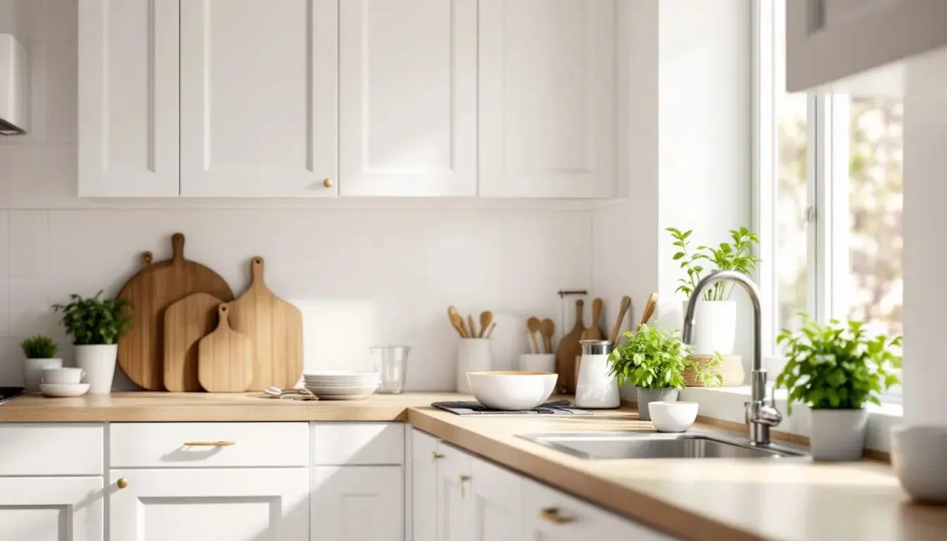A clean and organized kitchen features white cabinets, wooden cutting boards, and fresh herbs on the windowsill, embodying a cozy minimalist aesthetic. The space is bright and inviting, perfect for creating a warm and welcoming home.