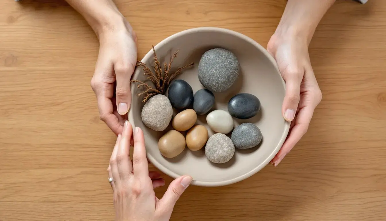 In a cozy minimalist setting, hands are carefully arranging smooth river stones and dried branches inside a simple ceramic bowl, reflecting a personal style that embraces clean lines and purposeful design decisions. This scene captures the essence of warm, inviting home decor, perfect for a minimalist living room or coffee table display.