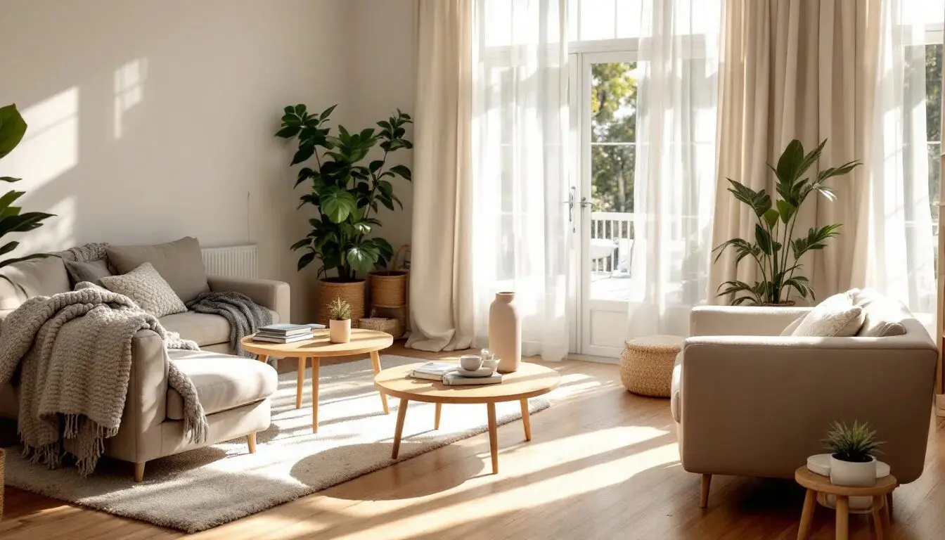 A bright and inviting cozy minimalist living room features neutral furniture and soft textures, with natural light flowing through sheer linen curtains, creating a warm and welcoming atmosphere. The space includes a stylish coffee table and throw pillows, emphasizing the beauty of minimalism and personal style.