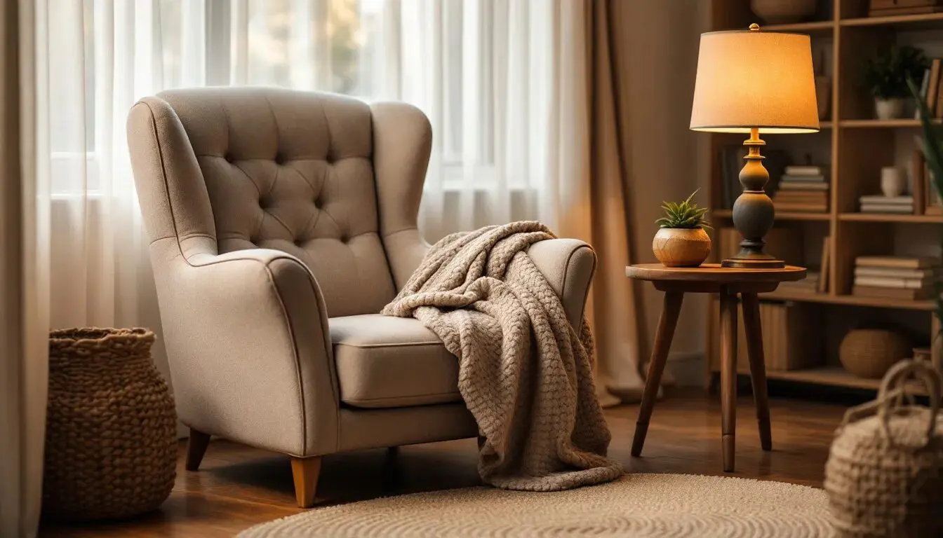 A cozy reading nook features a comfortable armchair draped with a soft throw blanket, accompanied by a small side table topped with a warm lamp, creating a welcoming atmosphere perfect for relaxation. The space embodies cozy minimalism, with clean lines and light colors that enhance its inviting charm.