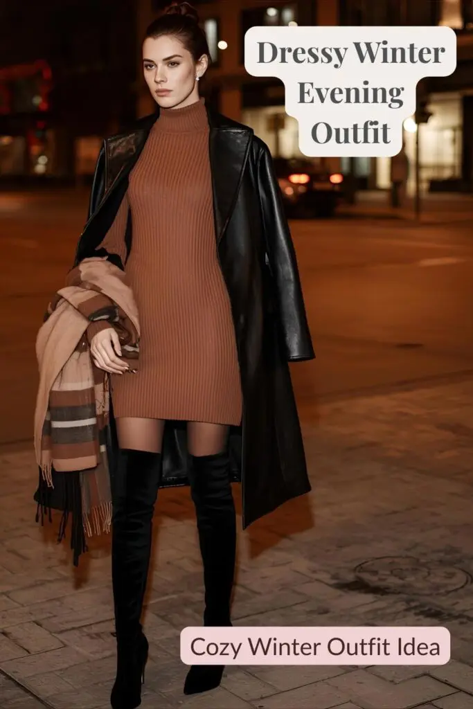 Woman modeling a stylish winter outfit with a dress and thigh-high boots.