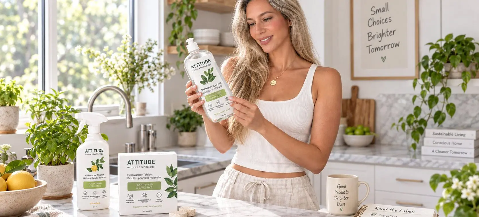 woman in kitchen reading eco friendly labels