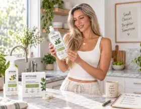 woman in kitchen reading eco friendly labels