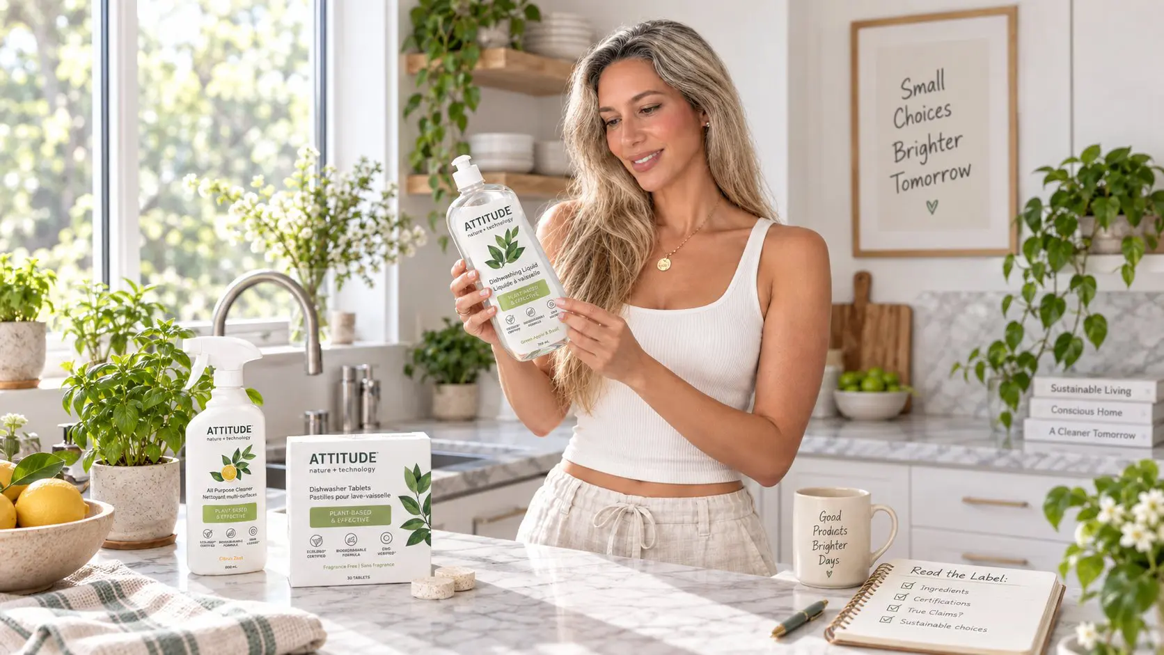woman in kitchen reading eco friendly labels