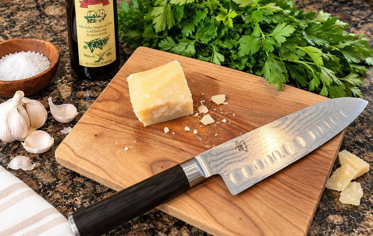 maple cutting board with knife on kitchen counter