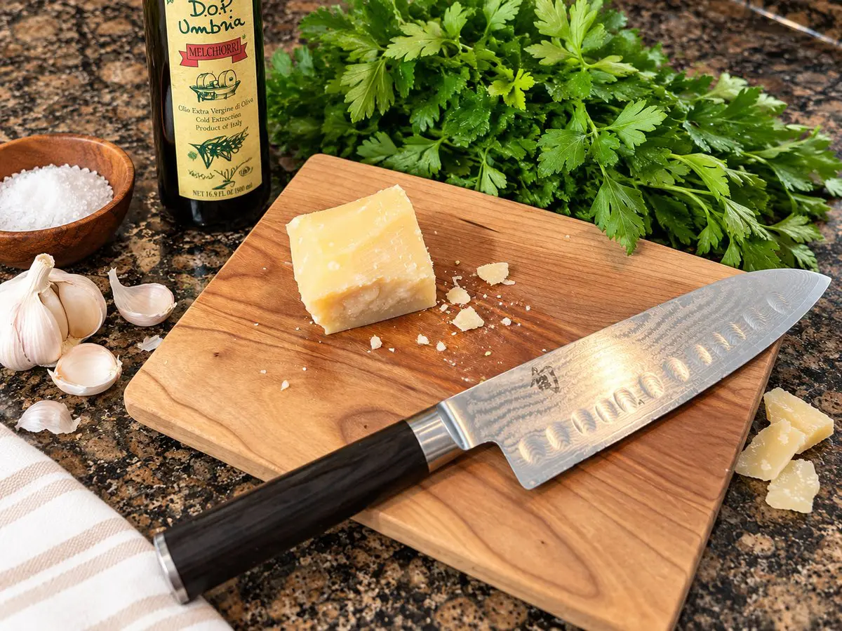 maple cutting board with knife on kitchen counter