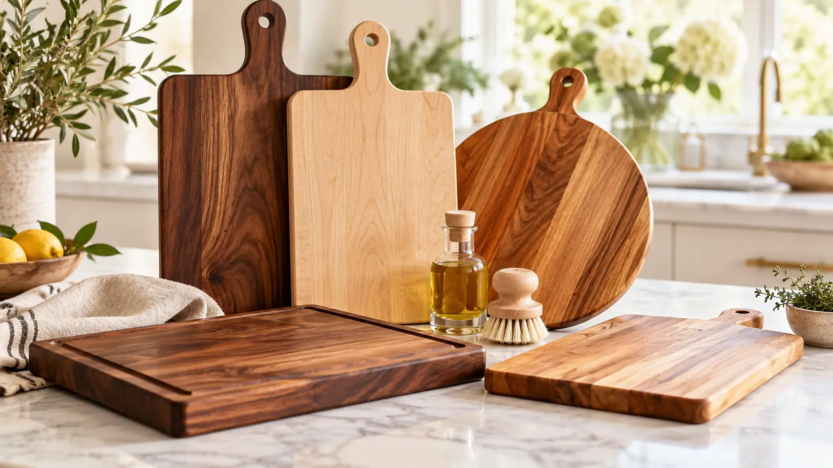 Wooden cutting boards in maple and walnut with conditioning oil and a natural cleaning brush on a kitchen counter.